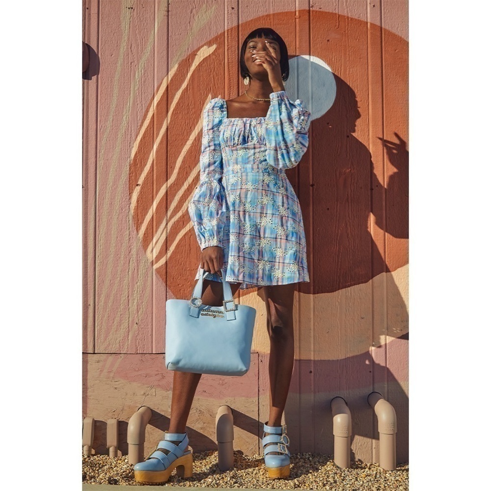 Autumn Adeigbo Catira Check Eyelet Puff-Sleeve Mini Dress in Blue Eyelet Print 2